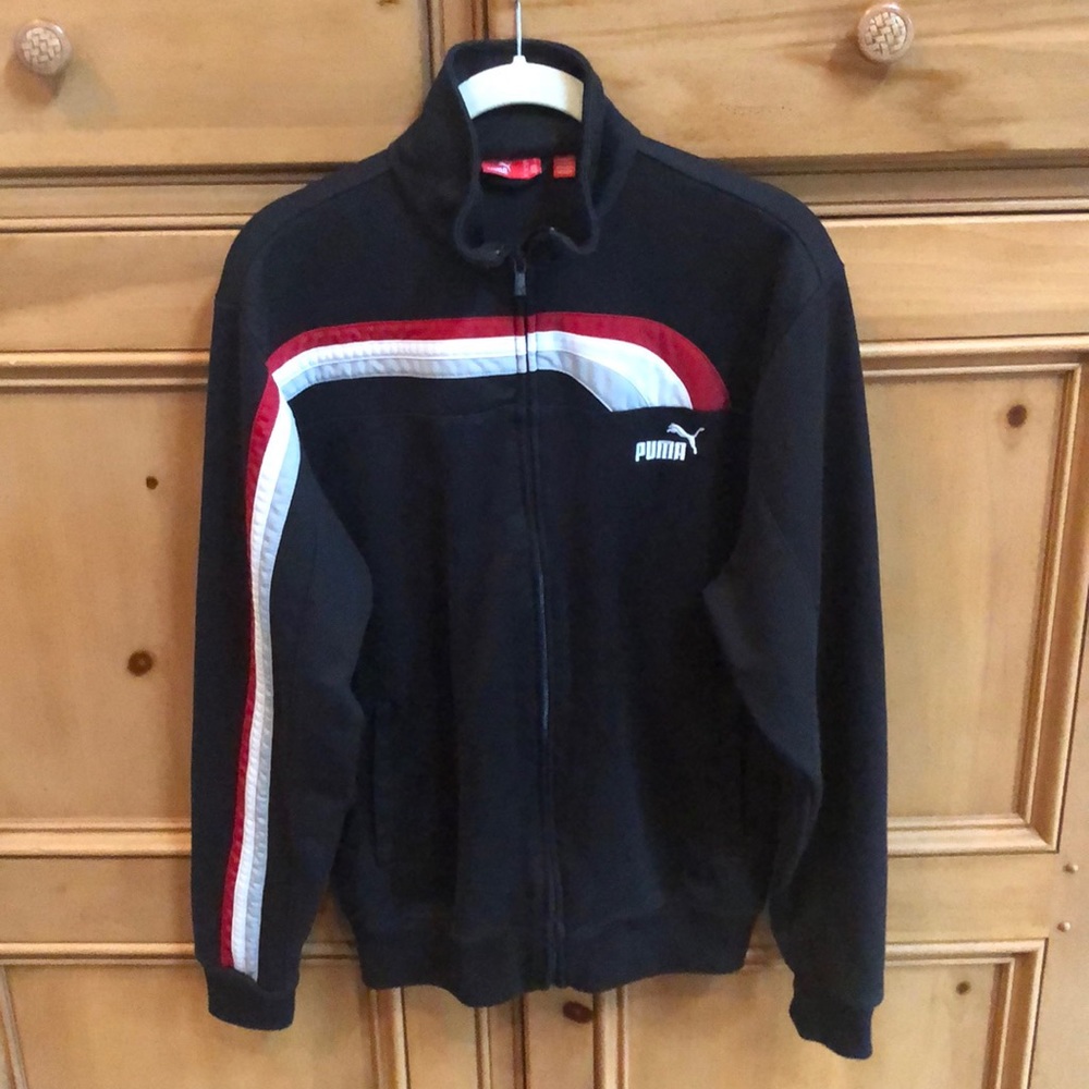 Vintage Puma Track Full Zip Jacket Mens Small Black White Red Gray Stripe